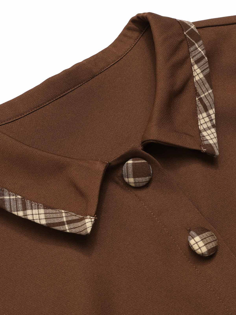 Brown 1950s Plaids Lapel Patchwork Dress