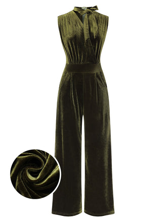Green 1940s Tie Neck Velvet Jumpsuit