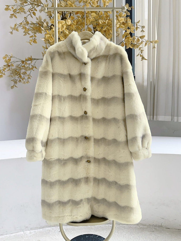 Beige 1950s Stripe Faux Fur Plush Coat
