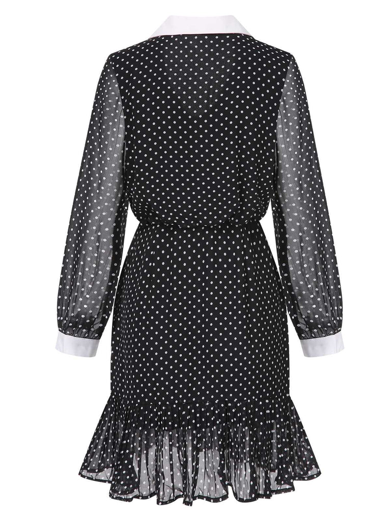 Black 1940s Polka Dot Contrast Collar Dress