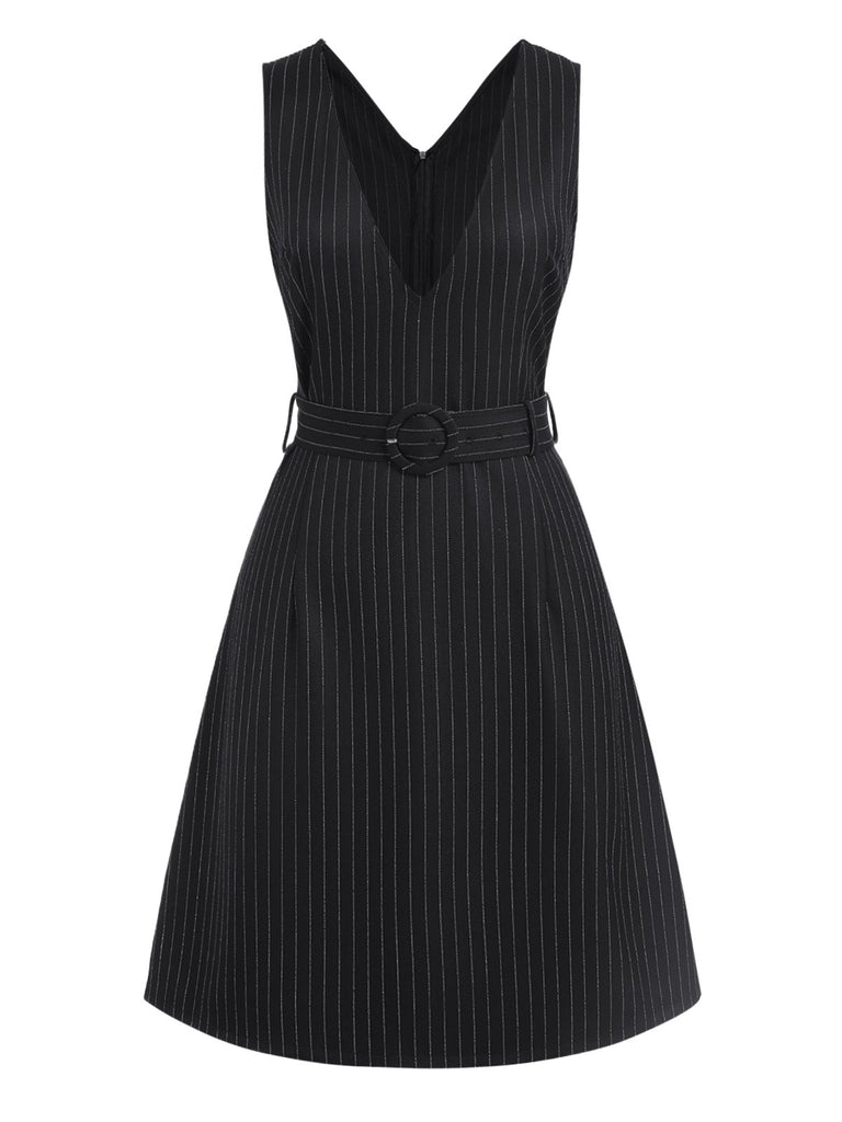 Black 1960s Striped V-Neck Belted Dress