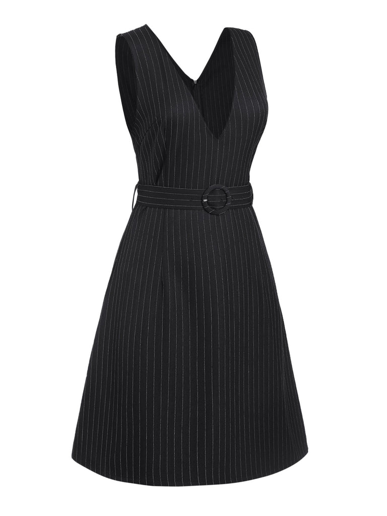 Black 1960s Striped V-Neck Belted Dress