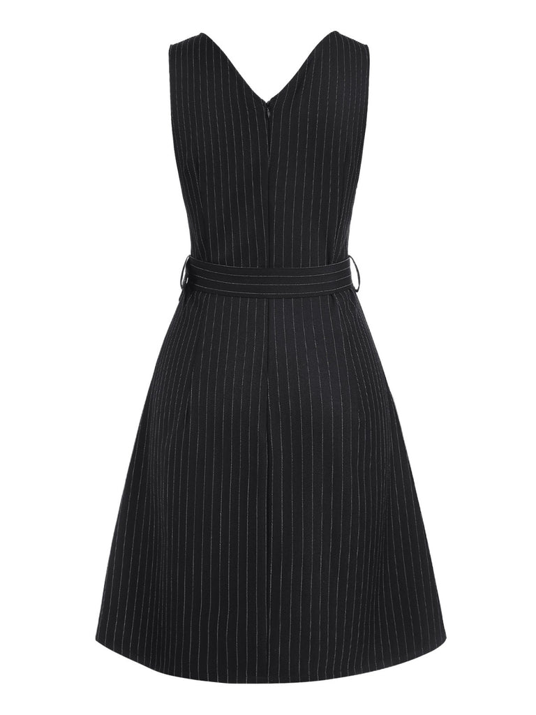 Black 1960s Striped V-Neck Belted Dress