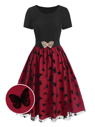 Red 1950s Butterfly Embroidered Mesh Patchwork Dress