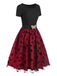 Red 1950s Butterfly Embroidered Mesh Patchwork Dress