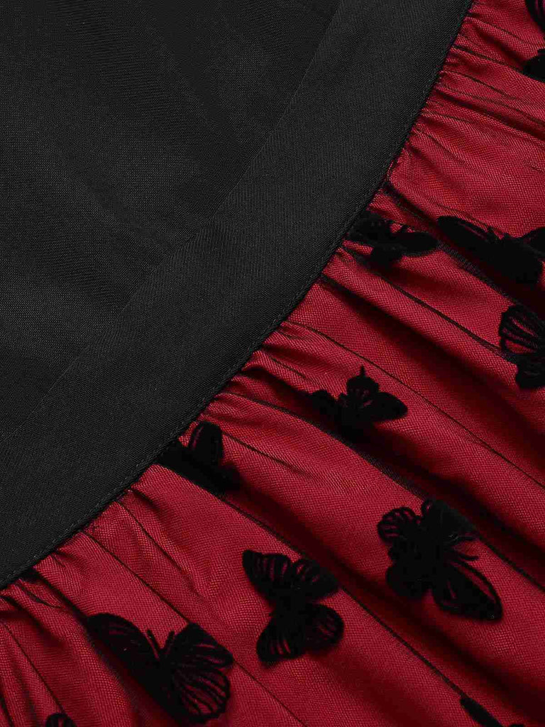 Red 1950s Butterfly Embroidered Mesh Patchwork Dress