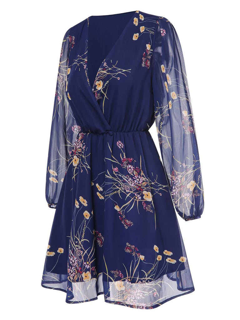 Dark Blue 1940s V-Neck Floral Puff Sleeve Dress