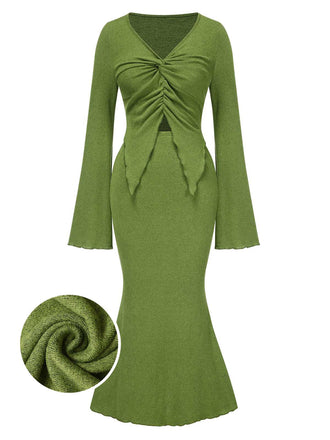 2PCS Olive Green 1930s V-Neck Top & Mermaid Skirt