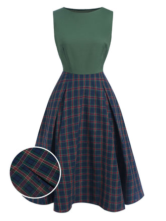 Green 1940s Plaids Patchwork Sleeveless Dress
