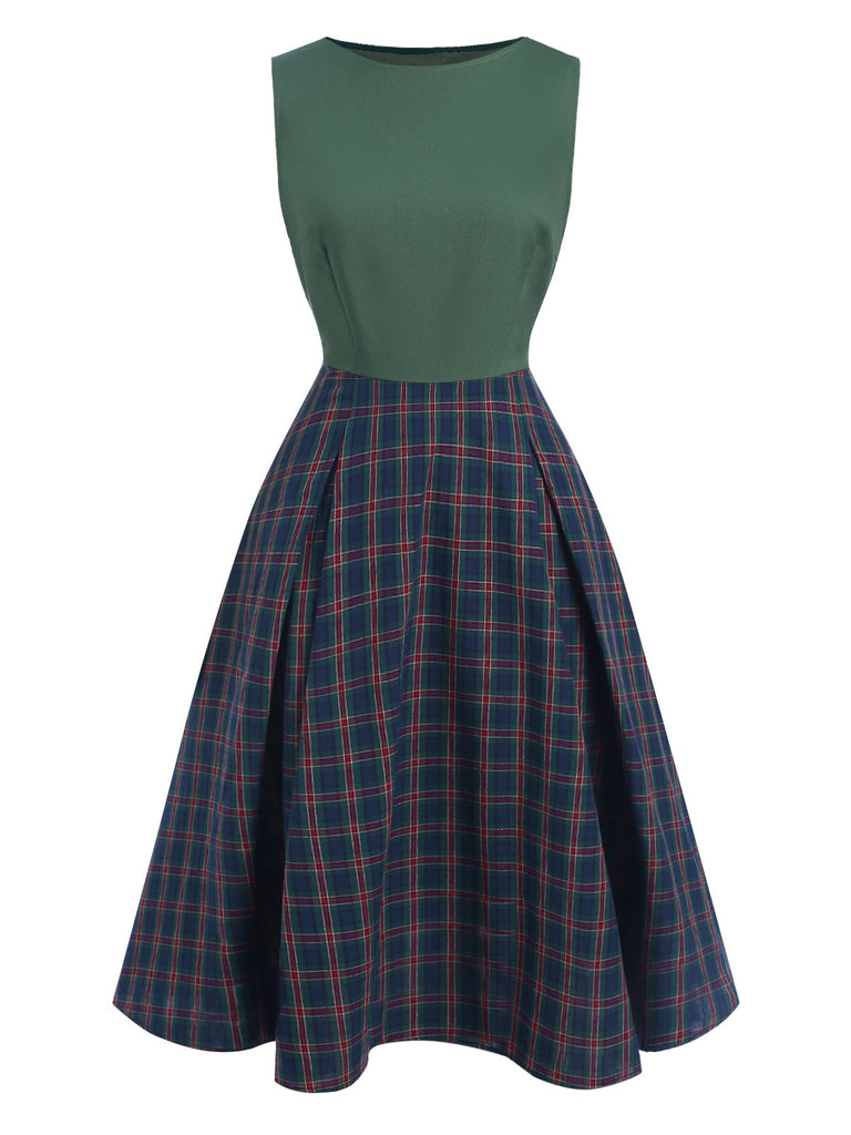 Green 1940s Plaids Patchwork Sleeveless Dress