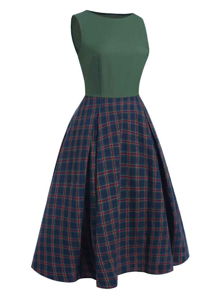 Green 1940s Plaids Patchwork Sleeveless Dress