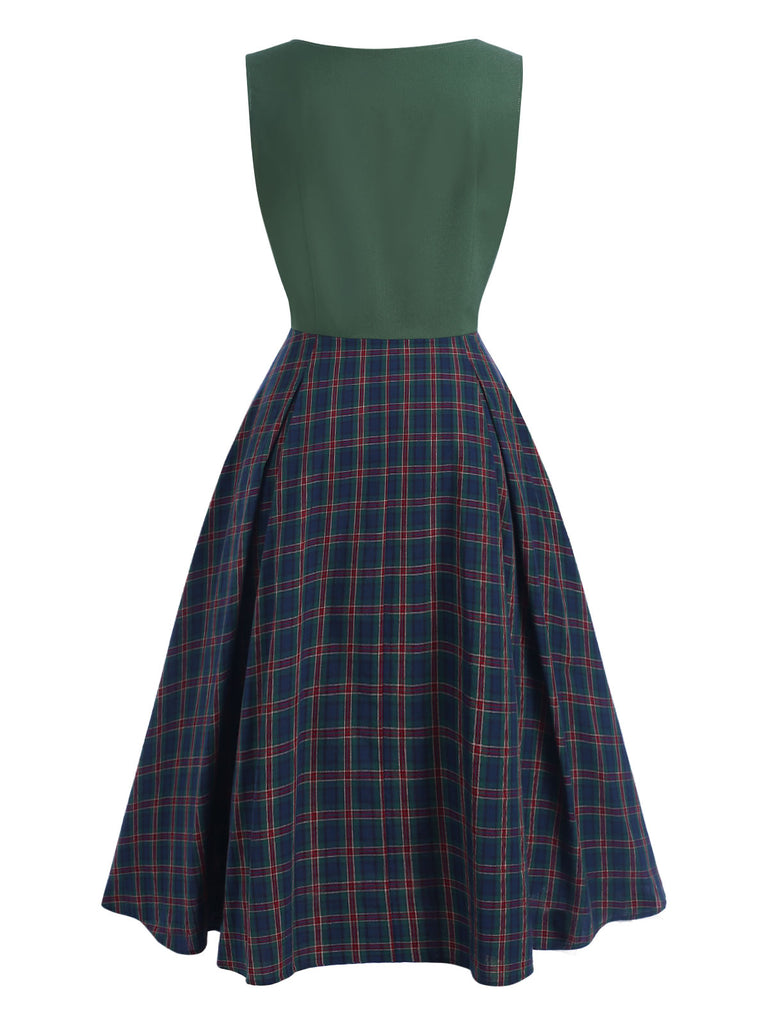 2PCS Green 1940s Lapel Button Blazer & Plaids Dress