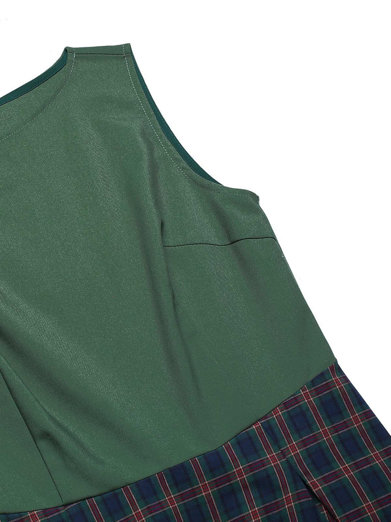 2PCS Green 1940s Lapel Button Blazer & Plaids Dress