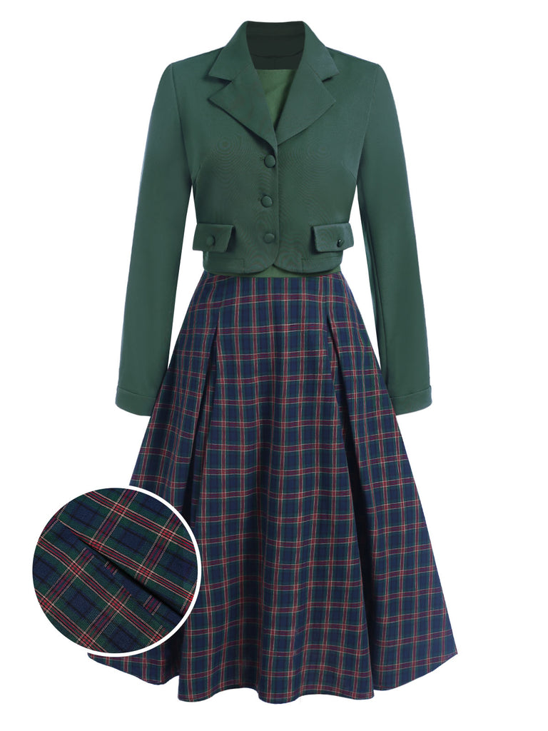 2PCS Green 1940s Lapel Button Blazer & Plaids Dress