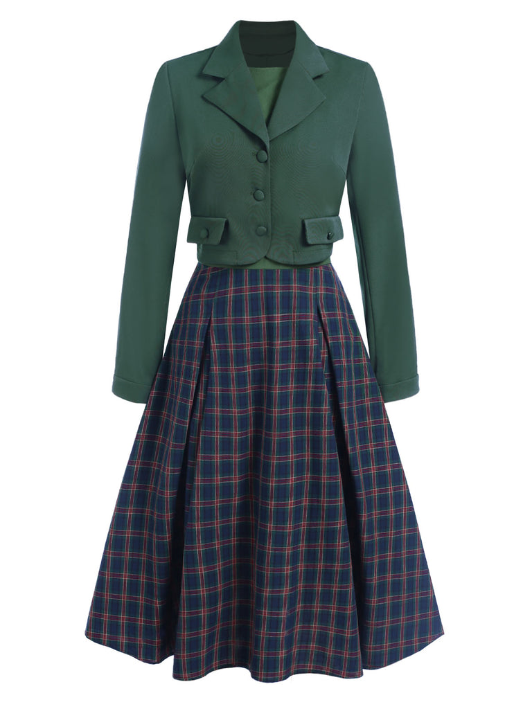 2PCS Green 1940s Lapel Button Blazer & Plaids Dress