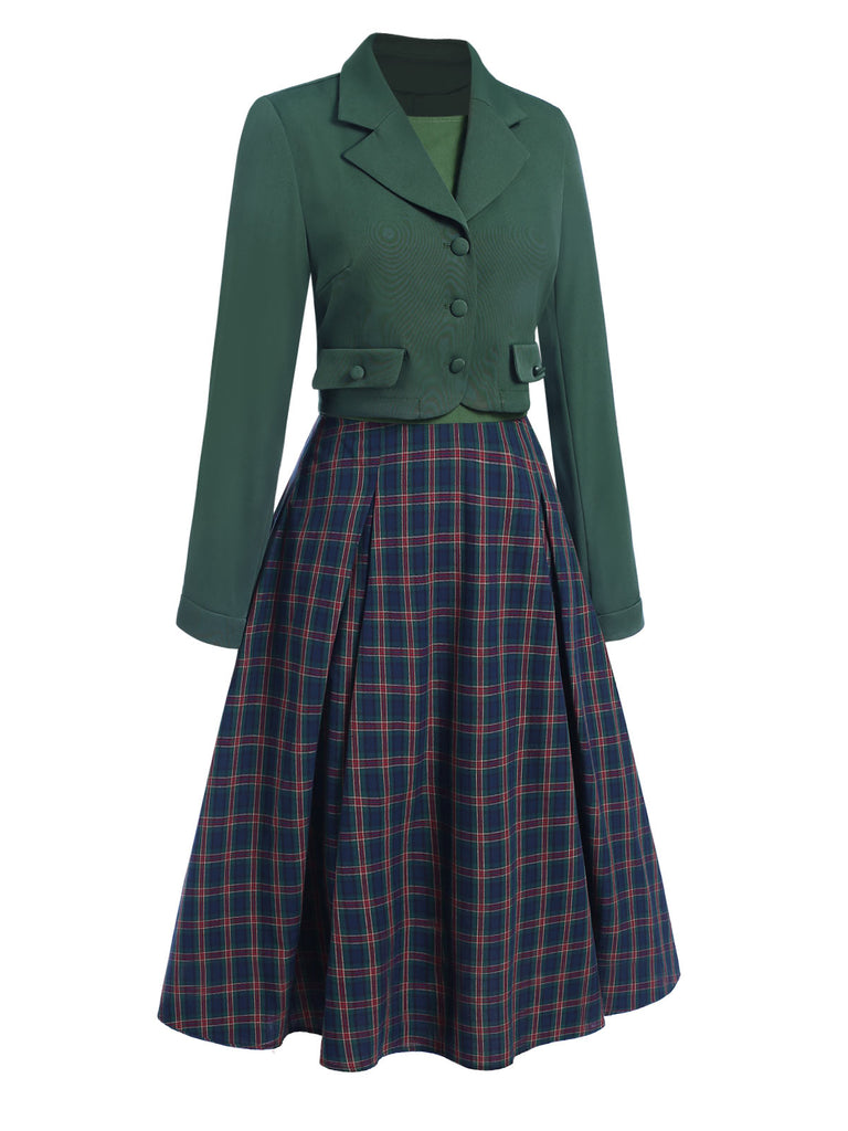 2PCS Green 1940s Lapel Button Blazer & Plaids Dress