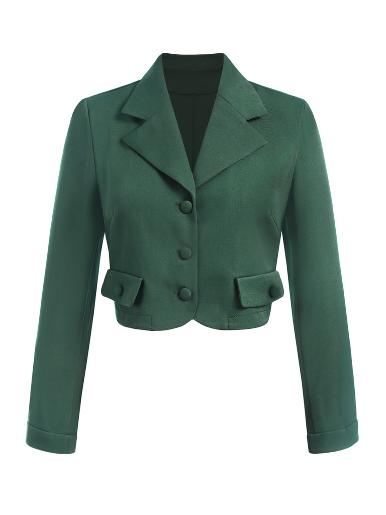 2PCS Green 1940s Lapel Button Blazer & Plaids Dress