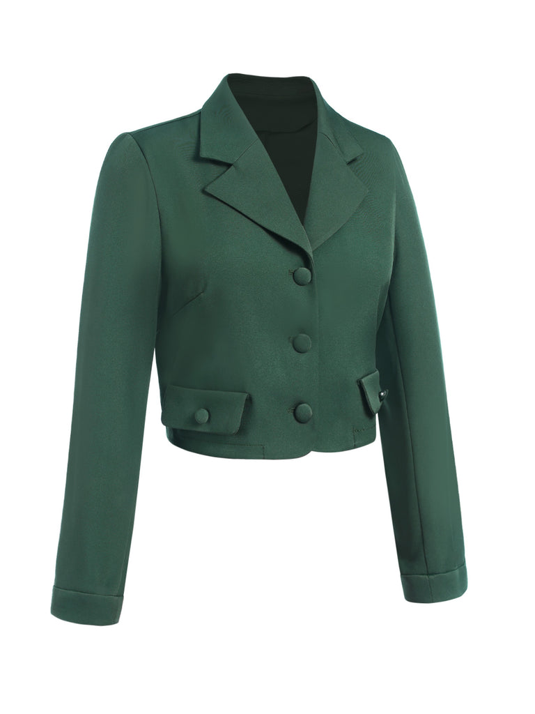 Dark Green 1940s Lapel Button Cropped Blazer