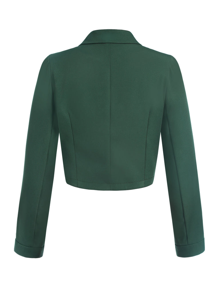 Dark Green 1940s Lapel Button Cropped Blazer