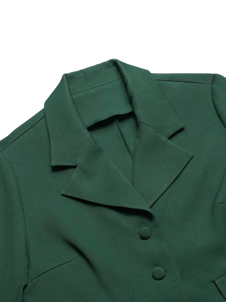 2PCS Green 1940s Lapel Button Blazer & Plaids Dress