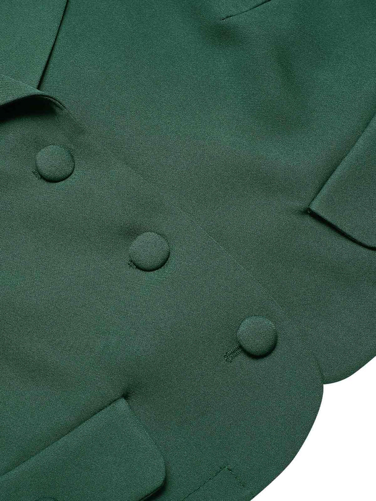 2PCS Green 1940s Lapel Button Blazer & Plaids Dress