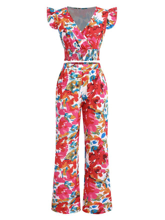 2PCS Red 1970s Flower Ruffled Smocked Top & Wide-Leg Pants
