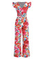 2PCS Red 1970s Flower Ruffled Smocked Top & Wide-Leg Pants