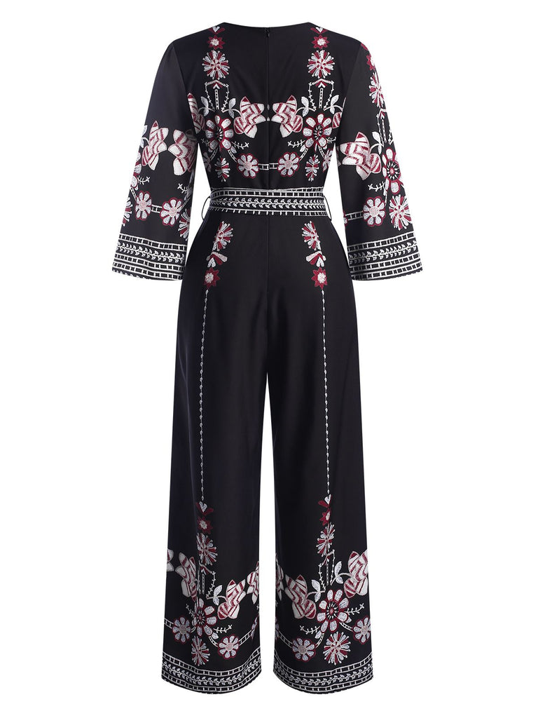 Black 1970s Surplice V-Neck Floral Jumpsuit