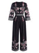 Black 1970s Surplice V-Neck Floral Jumpsuit