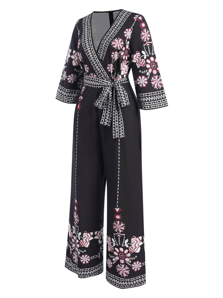 Black 1970s Surplice V-Neck Floral Jumpsuit