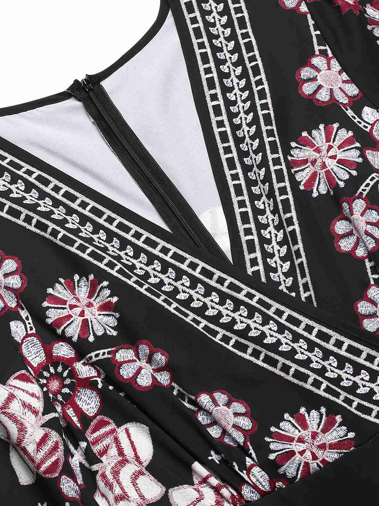Black 1970s Surplice V-Neck Floral Jumpsuit