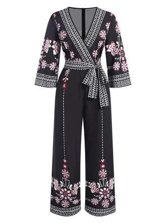 Black 1970s Surplice V-Neck Floral Jumpsuit