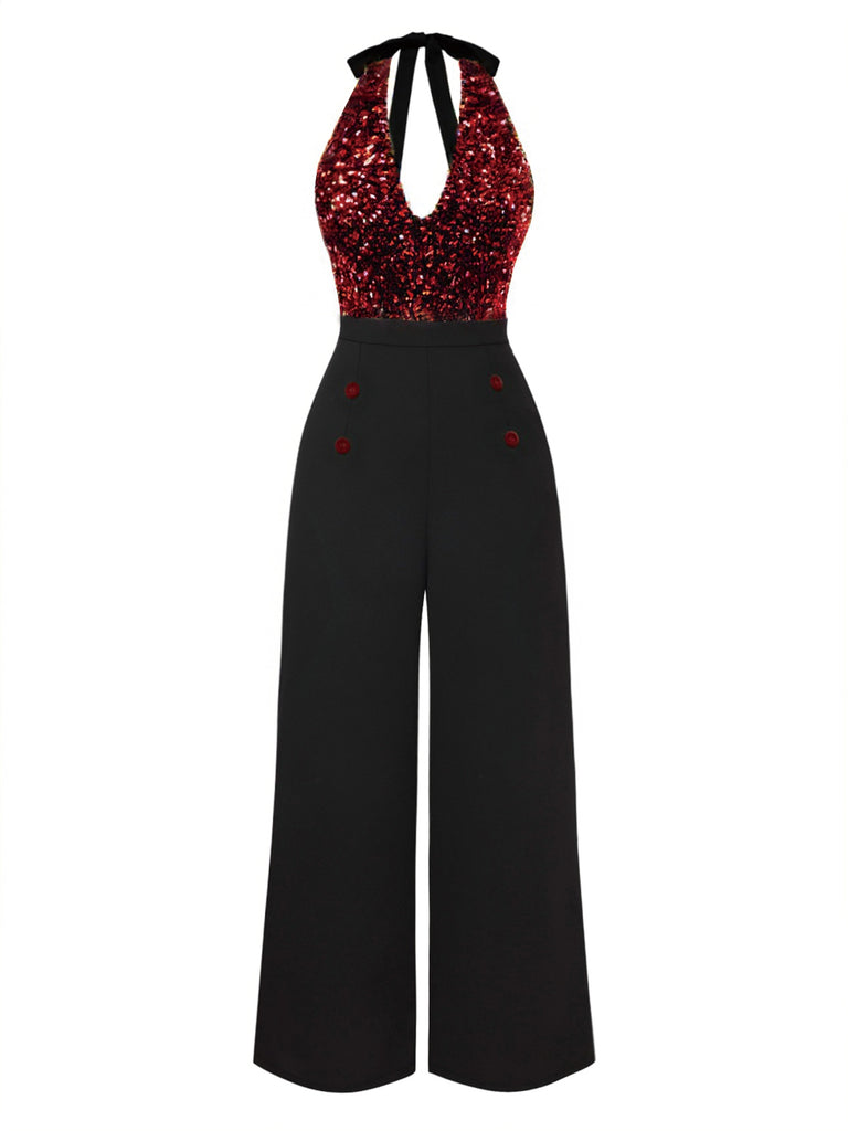 [Pre-Sale] Red 1930s Halter Neck Sequined Jumpsuit