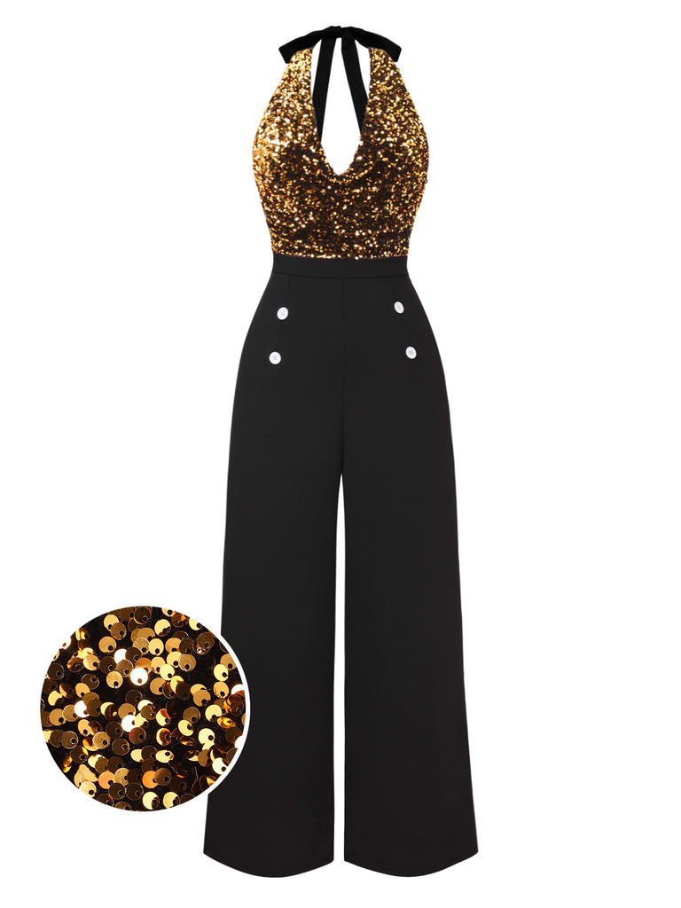 Gold 1930s Halter Neck Sequined Jumpsuit Retro Stage
