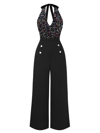Black 1930s Halter Neck Sequined Jumpsuit