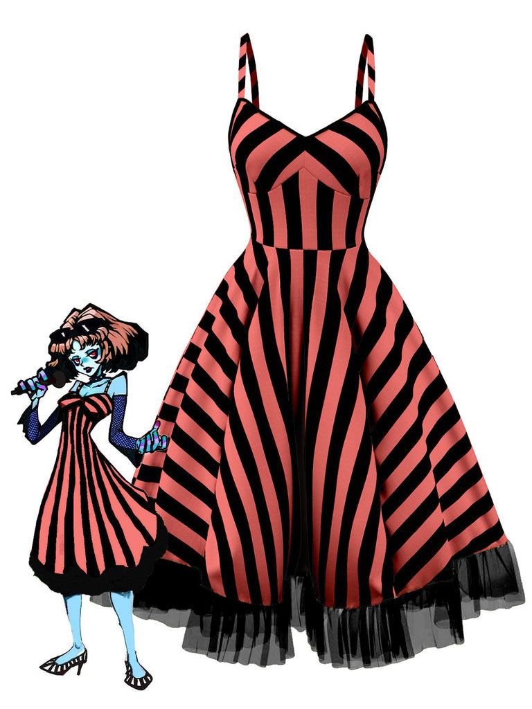 [Pre-Sale] Black&Red 1950s Striped Fluorescent Black Lace Dress