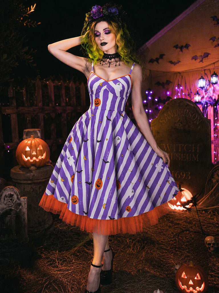 [Pre-Sale] Deep Purple 1950s Striped Fluorescent Green Lace Dress
