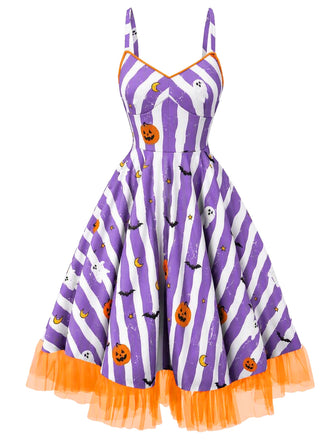 [Pre-Sale] Purple 1950s Striped Fluorescent Green Lace Dress