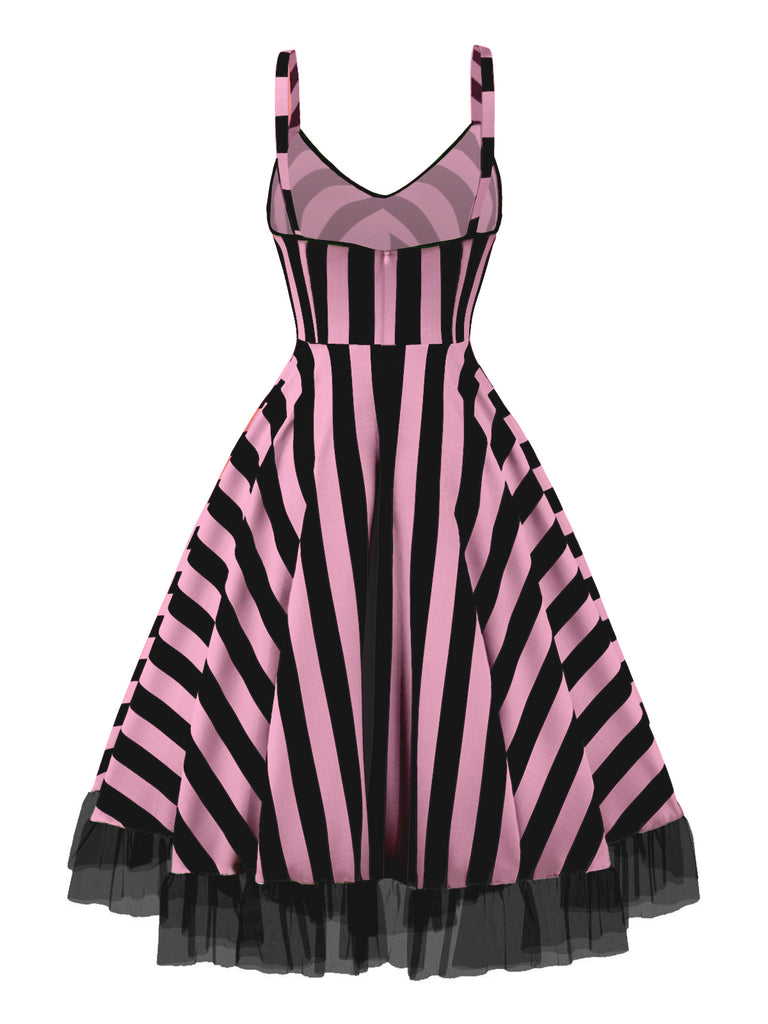 [Pre-Sale] Black&Pink 1950s Striped Fluorescent Black Lace Dress