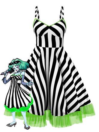 [Plus Size] Black&White 1950s Striped Fluorescent Green Lace Dress