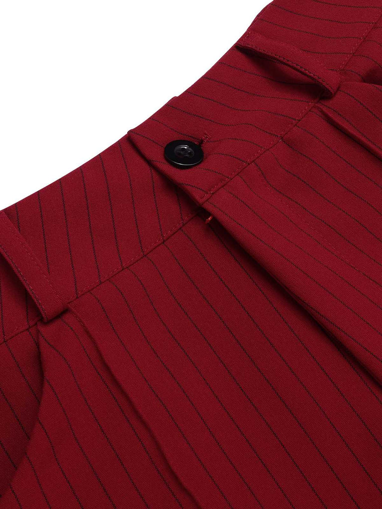 Deep Red 1950s Stripes Wide Leg Belted Pants