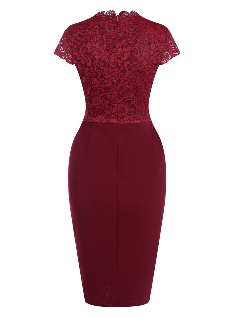 Wine Red 1960s Lace Patchwork Pencil Dress Retro Stage