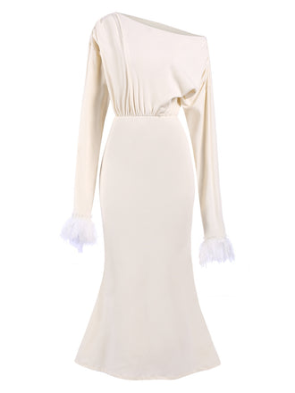 Beige 1930s Solid Plush Cuff Mermaid Dress
