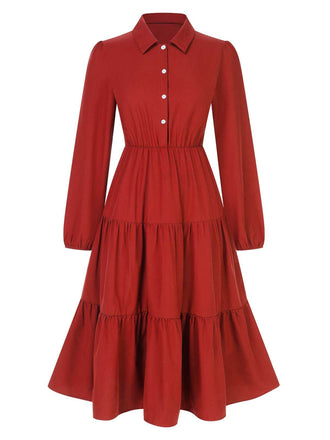 1950s Shirt Neck Tiered Solid Midi Dress