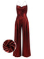 Wine Red 1970s Solid Metallic Strap Jumpsuit