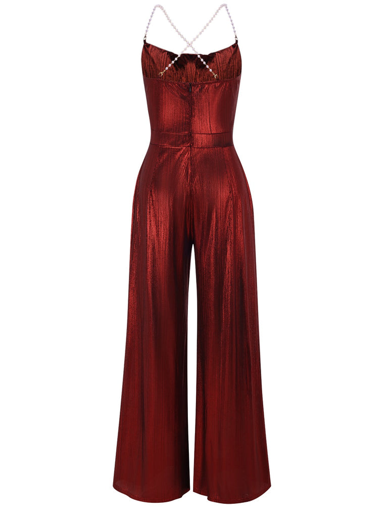 Wine Red 1970s Solid Metallic Strap Jumpsuit