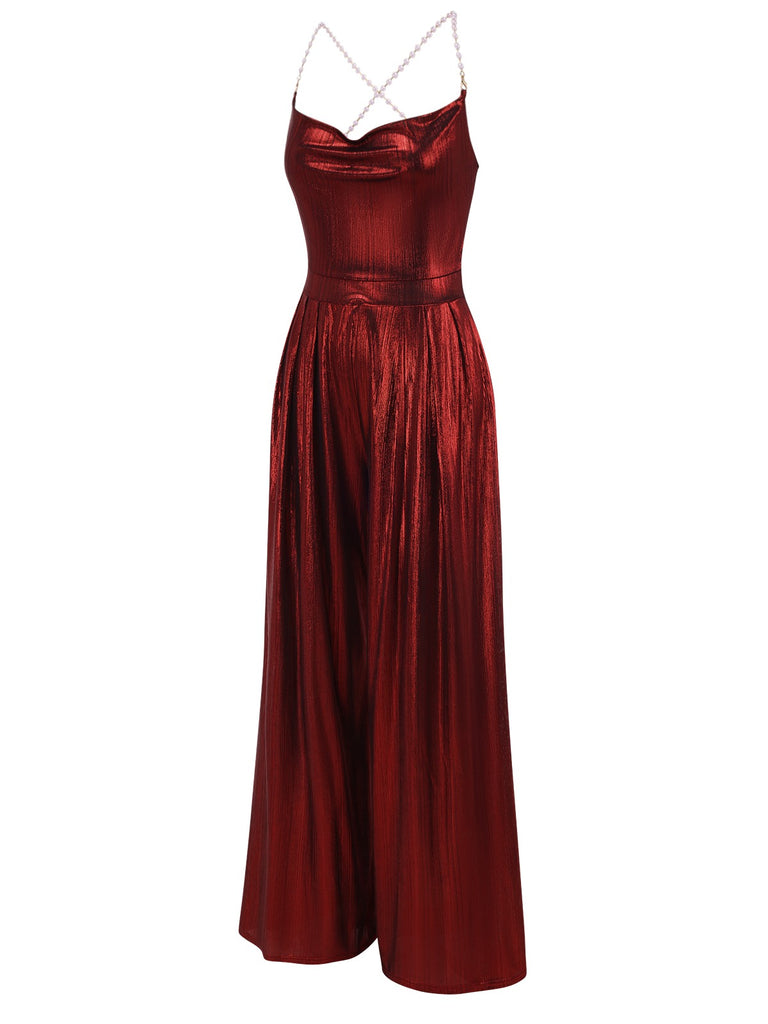 Wine Red 1970s Solid Metallic Strap Jumpsuit