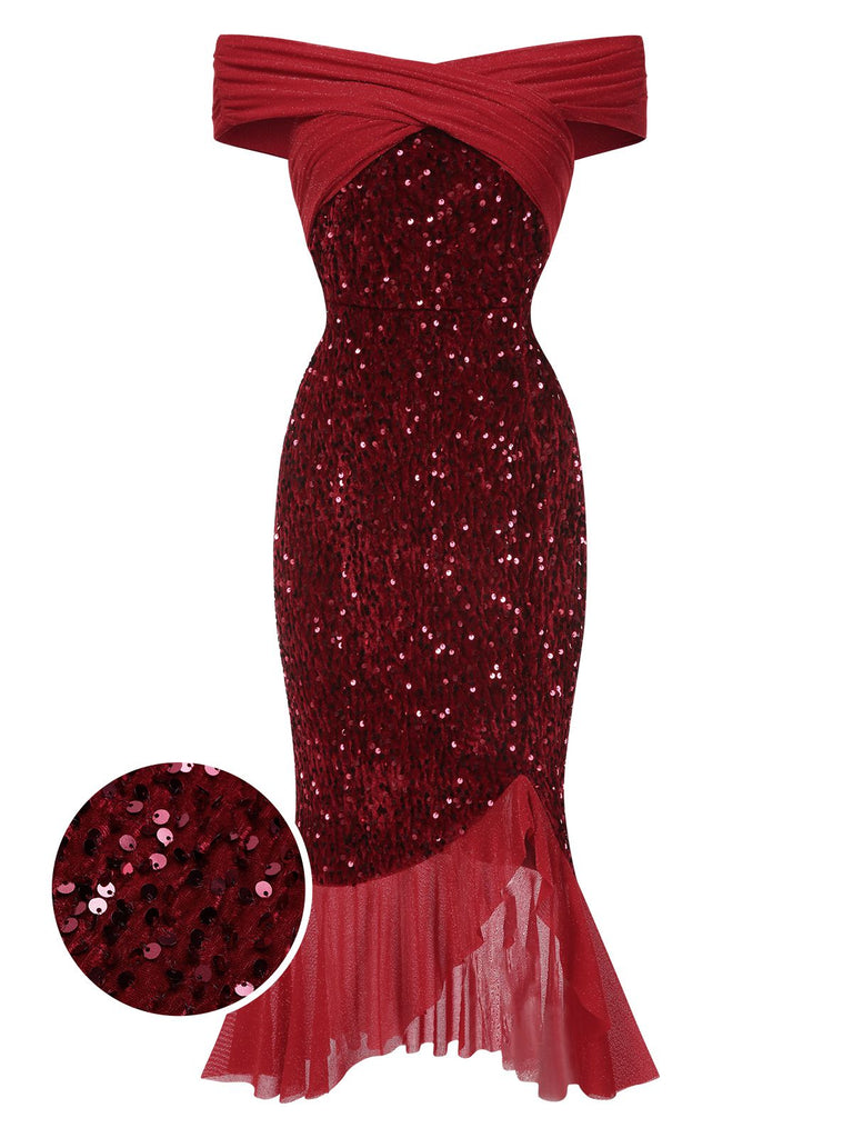 Red 1930s Sequined Off-Shoulder Dress