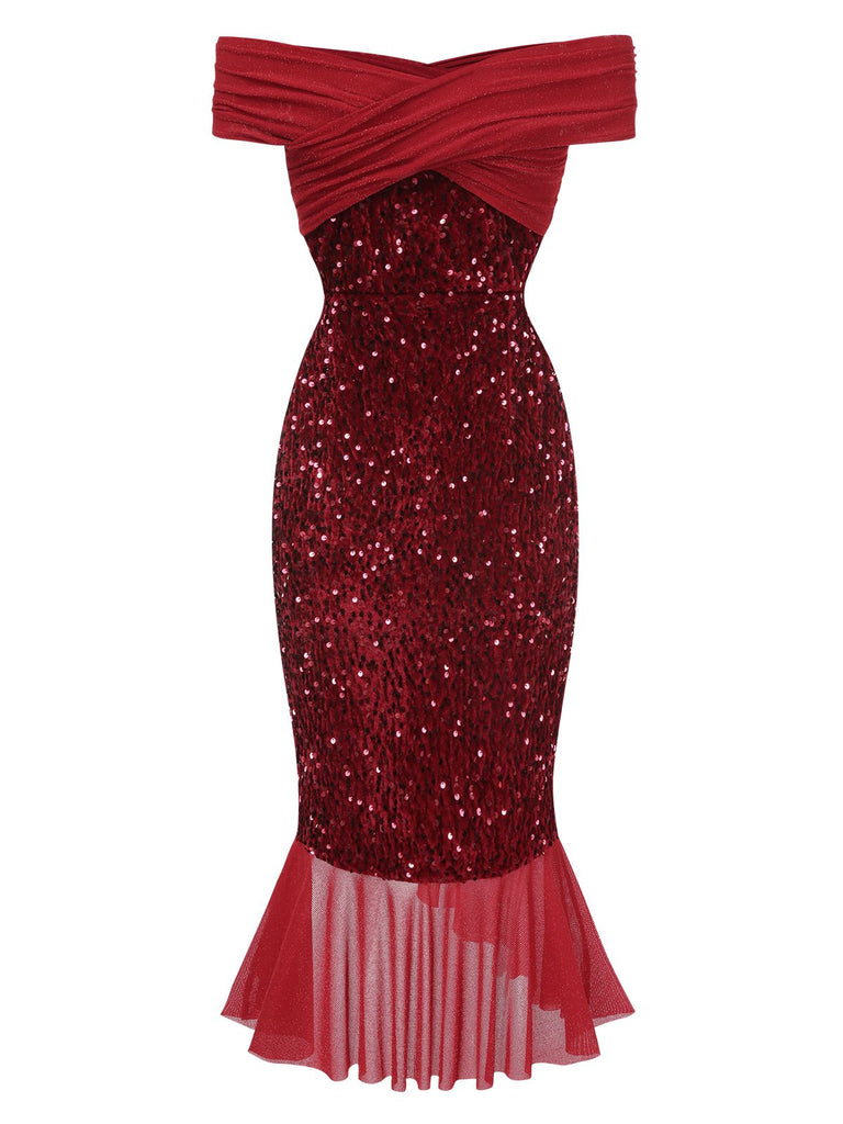 Red 1930s Sequined Off-Shoulder Dress
