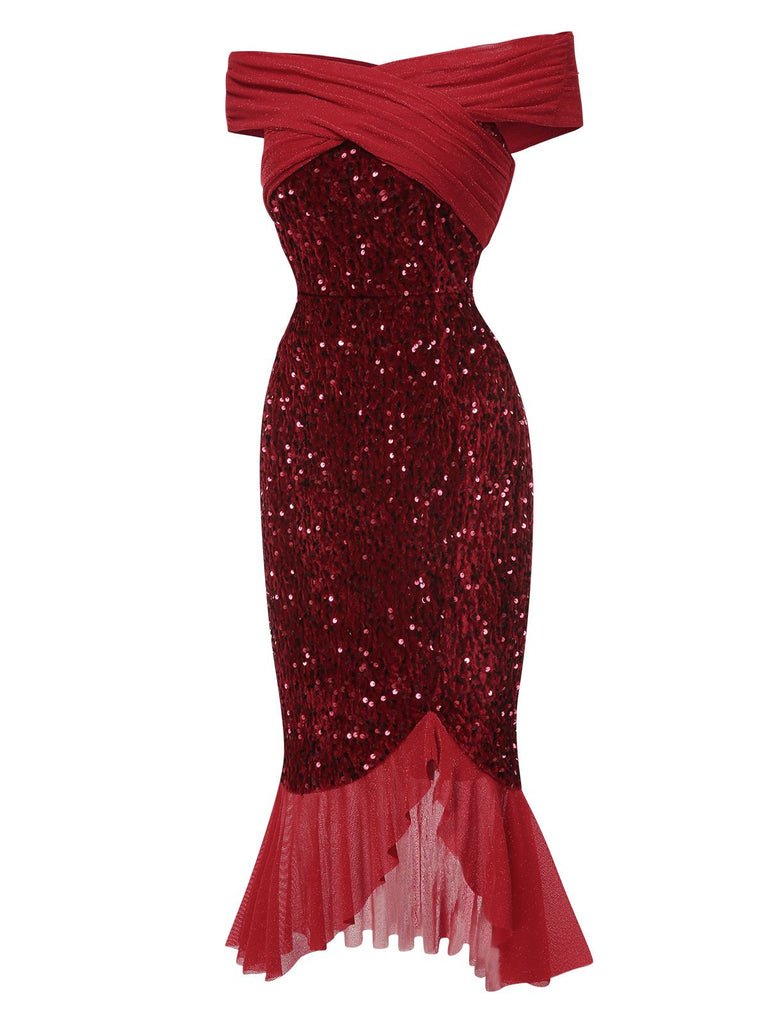 Red 1930s Sequined Off-Shoulder Dress